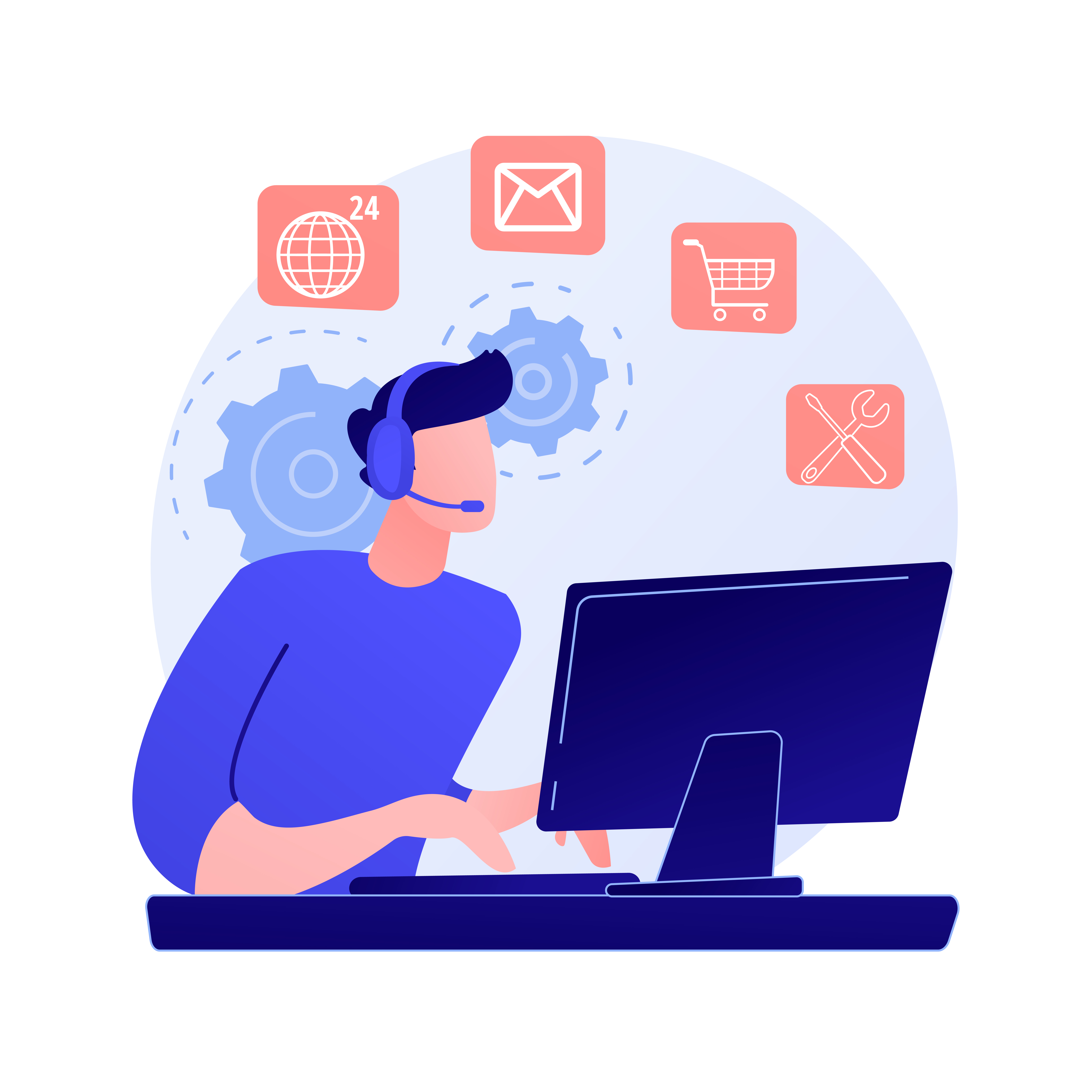 Noctidial technical support. Online assistant, user help, frequently asked questions. Call center worker cartoon character. Woman working at hotline. Vector isolated concept metaphor illustration